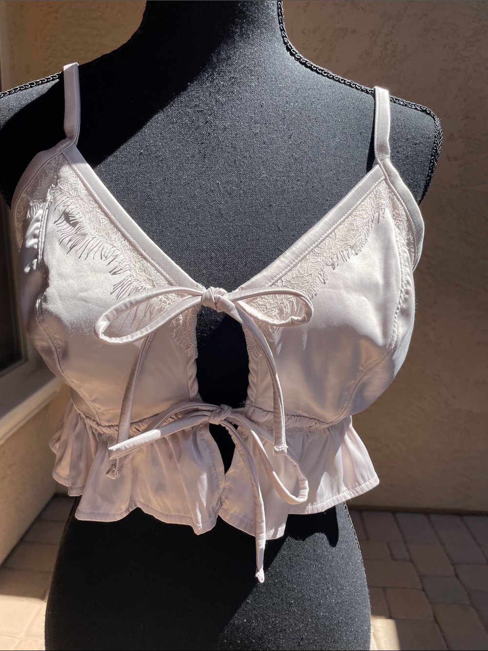 aerie Light Champagne Lace-Trim Tie-Front Crop Top with Ruffle